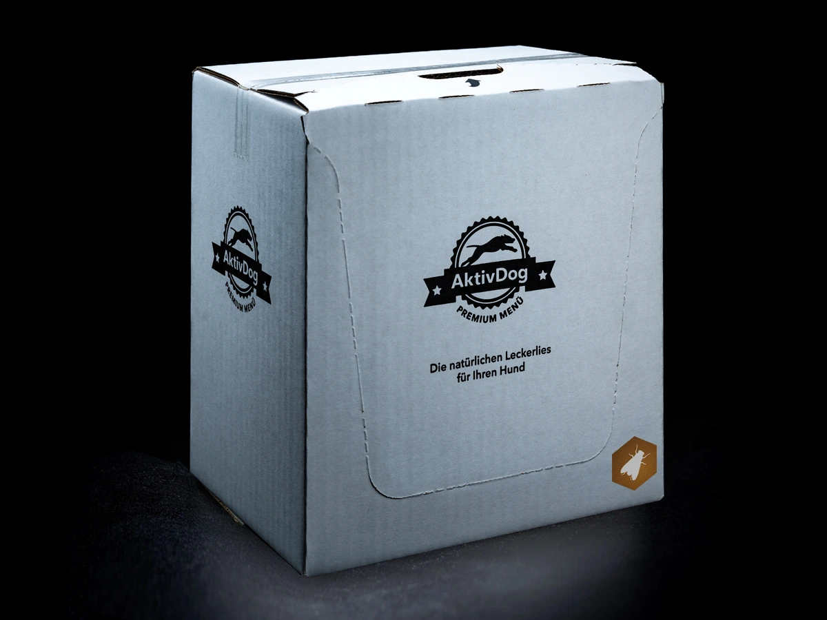 Die Verpackung der AktivDog Belohnungsleckerli Hermetia aus aus innovativem Insektenprotein